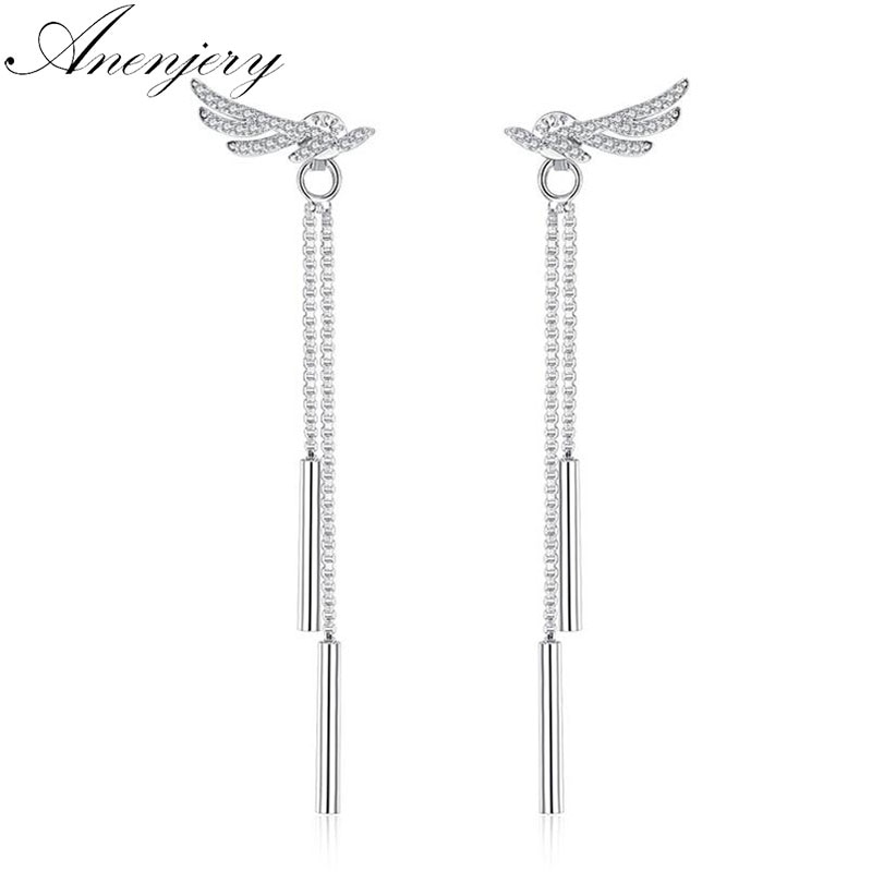 ANENJERY Silver Color Crystal Angel Wings Long Tassel Chian Earrings For Women brincos S-E223