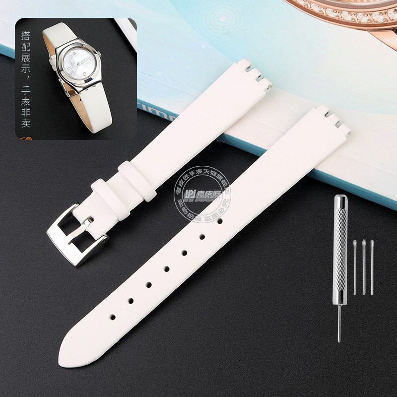 Correa de cuero para reloj Swatch para mujer, YSS213G, YSS288G, YSS222G, correa de seda IRONY, hebilla de Pin, pulsera de 12mm con herramientas: White black