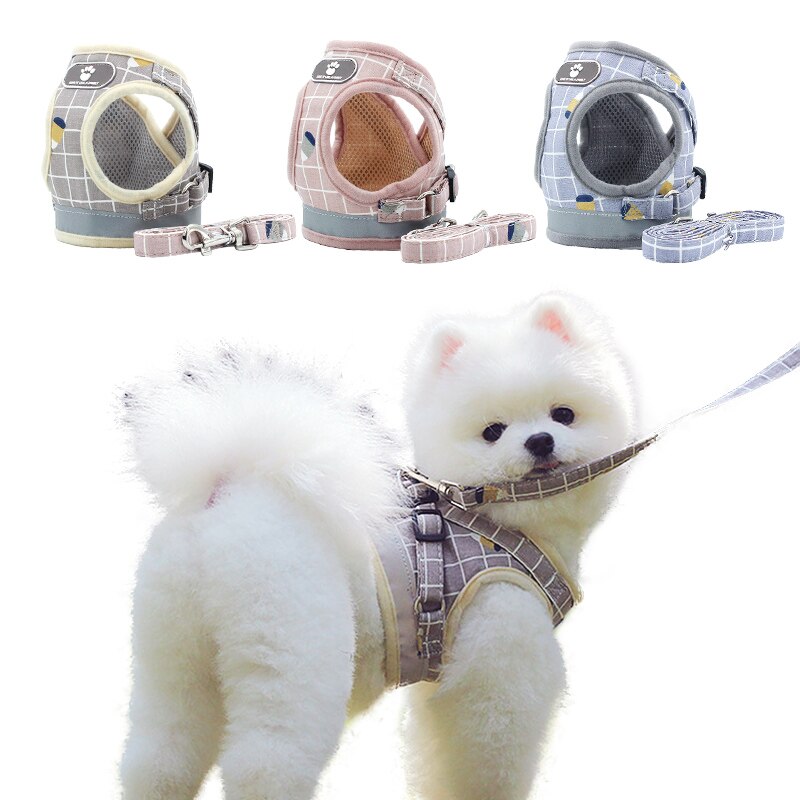 Dog Harness with Leash Adjustable Vest Walking Supplies Soft Breathable Plaid Collar Pet Accessories for Small Medidum Large Dog