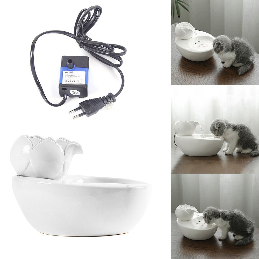 Bebedouro elétrico de cerâmica com formato de lótus para gatos, dispensador com filtro de água circulante, tigela de alimentação para animais de estimação: Branco