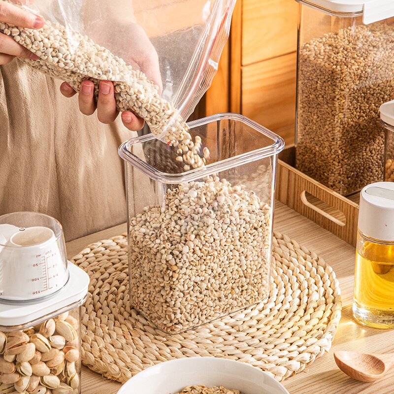 Plastikowy dyspenser płatków zbożowych schowek robić kuchni robić jedzenia brązowy ryż pojemnik ziarna suszone ryż przekąnarty żywności zamknięte słoik może