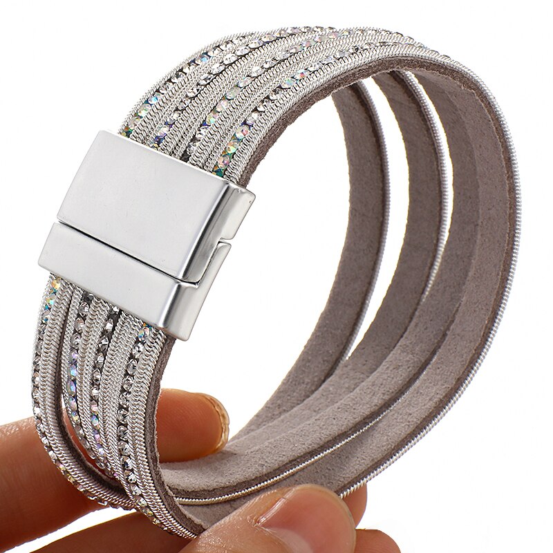 Amorcome Multilayers Rhinestone Leather Bracelet for Women Crystal Charm Wide Wrap Bracelets & Bangles Jewelry