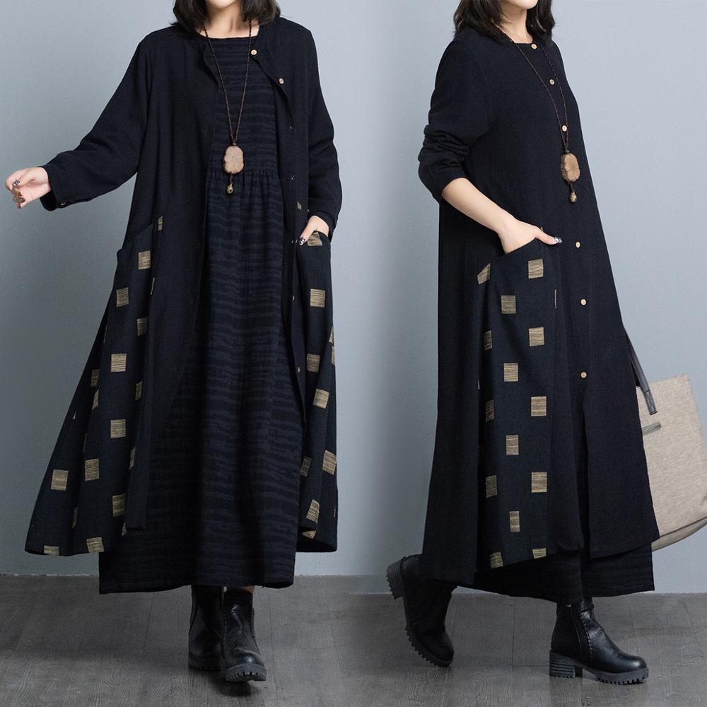 Vintage forår efterår kvinder bomuld hør trenchcoats efterår afslappet dametøj sort knap trenchcoats  g63