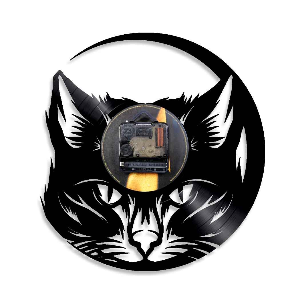 Kitten Head Cat Vinyl Record LP Wall Clock Black Cat Cat Lover Home Decorative Lighting Wall Watch Non-Ticking Glowing Led Lamp