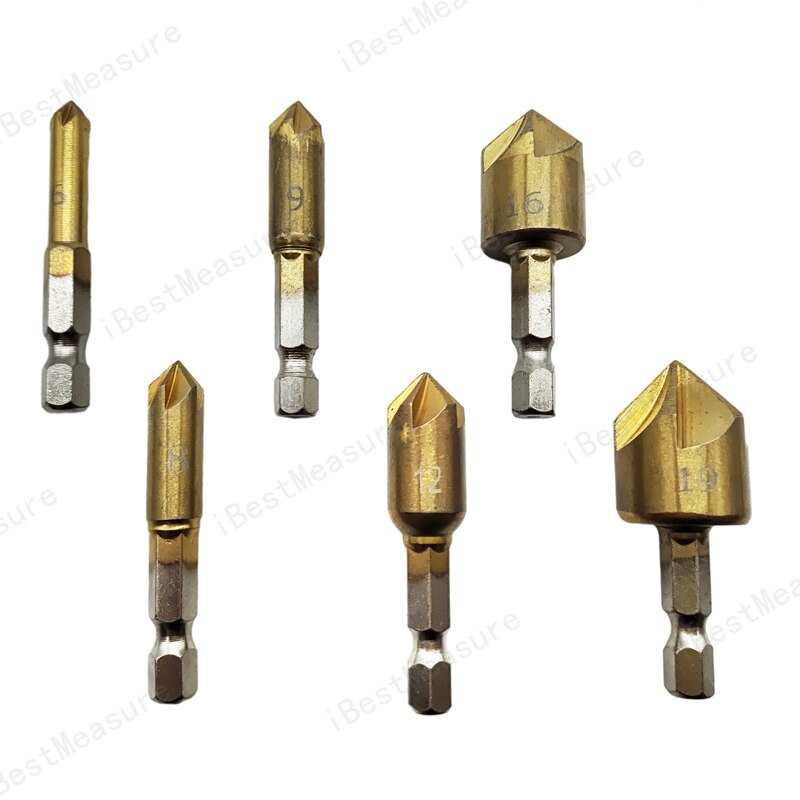 6 Pcs Verzinkboor Boor Set 1/4 &#39;&#39;Hex Shank Hss 5 Fluit Verzinkboor 90 Graden Hout Afkanten Cutter Afschuining 6Mm-19Mm
