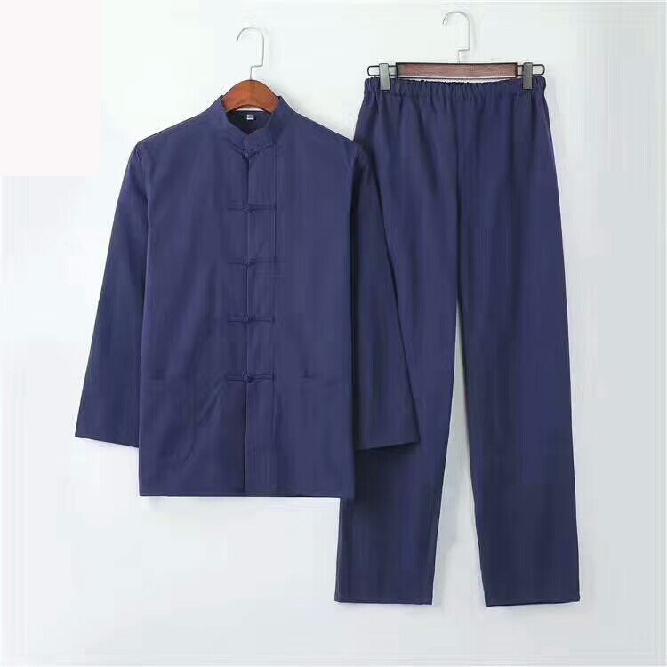 Mannen Effen Kung Fu Pak Chinese Traditionele Mannelijke 100% Katoen Losse Tai Chi Sets Jas + Lange Broek 2pc: navyblue