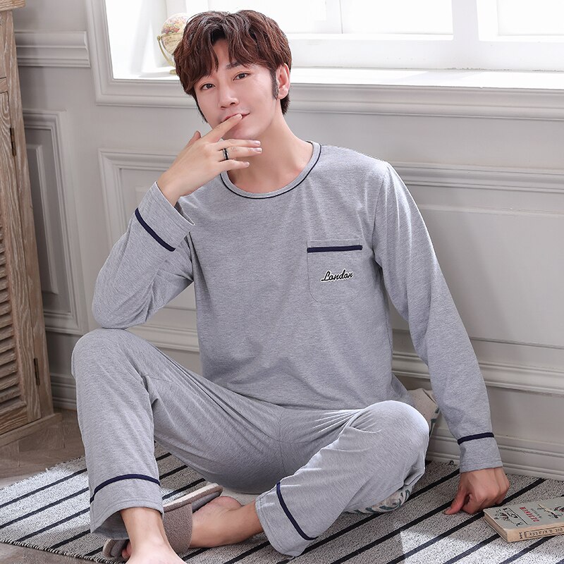 Autumn Winter Knitted Cotton Gray Men&#39;s Pyjamas Solid Pajamas Set Casual Male Sleepwear Pyjamas Night Pijama Hombre 4XL Homewear: XXL