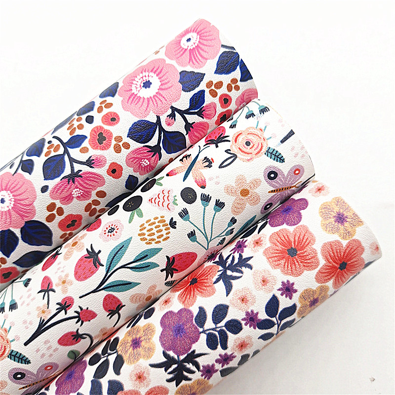 Spring Flowers Printed Synthetic Faux Leather Vinyl Fabric Sheets with Felt Backing For Craft DIY Bows 21X29CM R474B