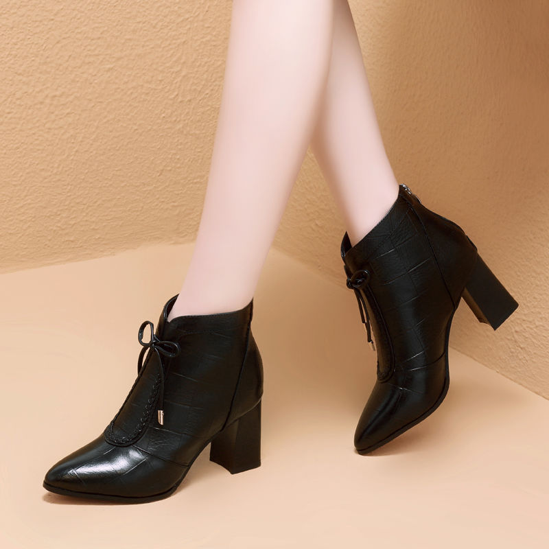 Bottines à talons hauts pour femmes, chaussures chaudes en peluche, bout carré pointu, nœud papillon, fermeture éclair au dos, noir, collection hiver