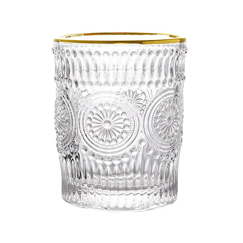 Retro Sun Flower Gold Rim Glass Water Cup Transparent Coffee Glass Cup Heat-resistant Milk Juice Tea Cup Drinkware Print Home: C
