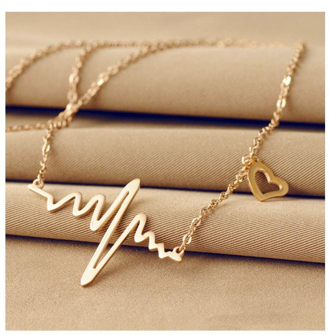 Simple Wave Heart Necklace Chic Ecg Pulse Charm Pendant Necklace Lightning Women Vintage Jewelry Accessories: Antique Silver Plated
