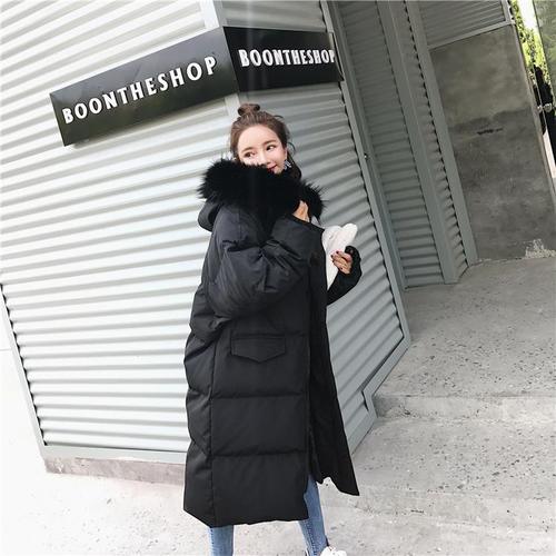 Manteau long rembourré au-dessus du genou pour femme en hiver, manteau coréen mi-long épais et ample: Noir / L