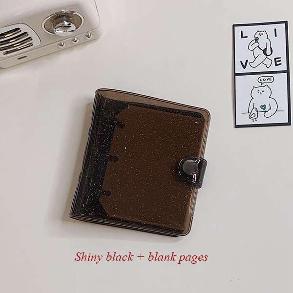 ARYA 10x10cm Portable Planner Notebook 3Holes Shiny Cute Mini Diary 3'' Photocard Album Holder Kawaii Diary Binder: black pages