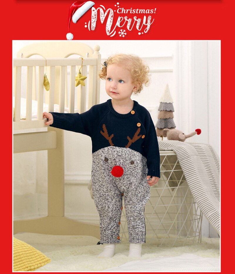 1pcs Knitted Cartoon Deer Romper Christmas Sweater Cartoon Christmas Elk Jumpsuits For Boys And Girls