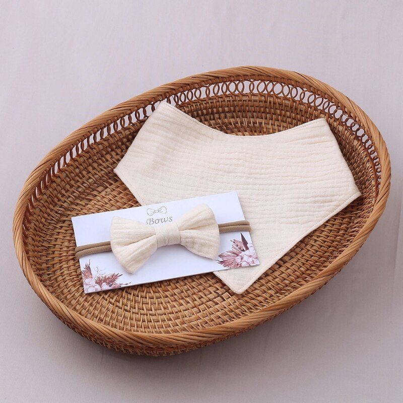 2Pcs Baby Meisjes Elastische Boog Hoofdband Speeksel Handdoek Set Prinses Strik Haarband