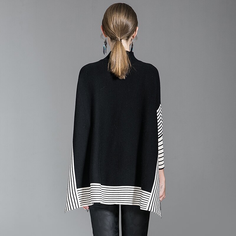 Kvinner vårsvart poncho julegenser med rund hals genser kappe batwing gensere dame cape coat