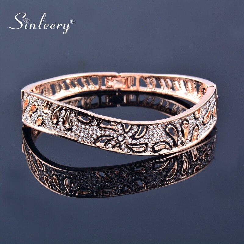 SINLEERY Luxury Hollow Flower Bangles For Women Rose Gold Silver Color Crystal Bracelets Best Friends SL092 SSI: rose gold plated