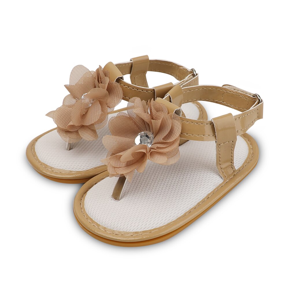 Sandales d'été pour bébés filles, chaussures en caoutchouc PU, semelle souple, bande de fleurs, parc, ramper, premiers pas, mignonnes: Kaki / 7-12 mois