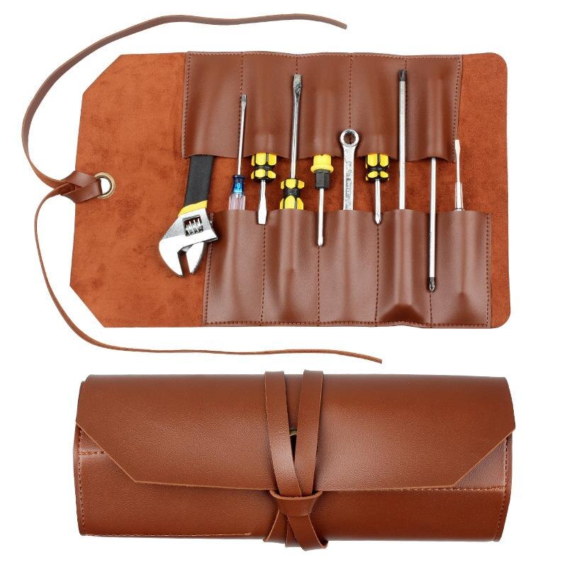 Multi Pocket PVC Tool Roll Up Bag Multifunctional Toolkit Brown Wrench Roll Pouch Tool Zipper Carrier Tote Storage Bags