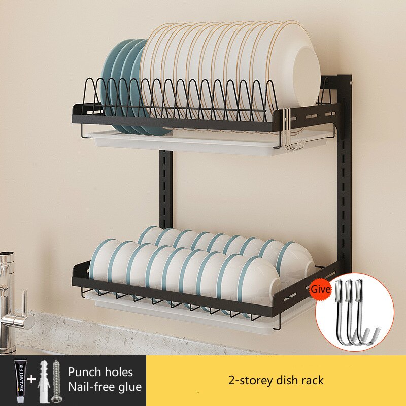 High Black Stainless Steel Dish Rack Wall Hanging Bowl Plate Rack Drain Shelf Free-punching Kitchen Storage Organizer: D