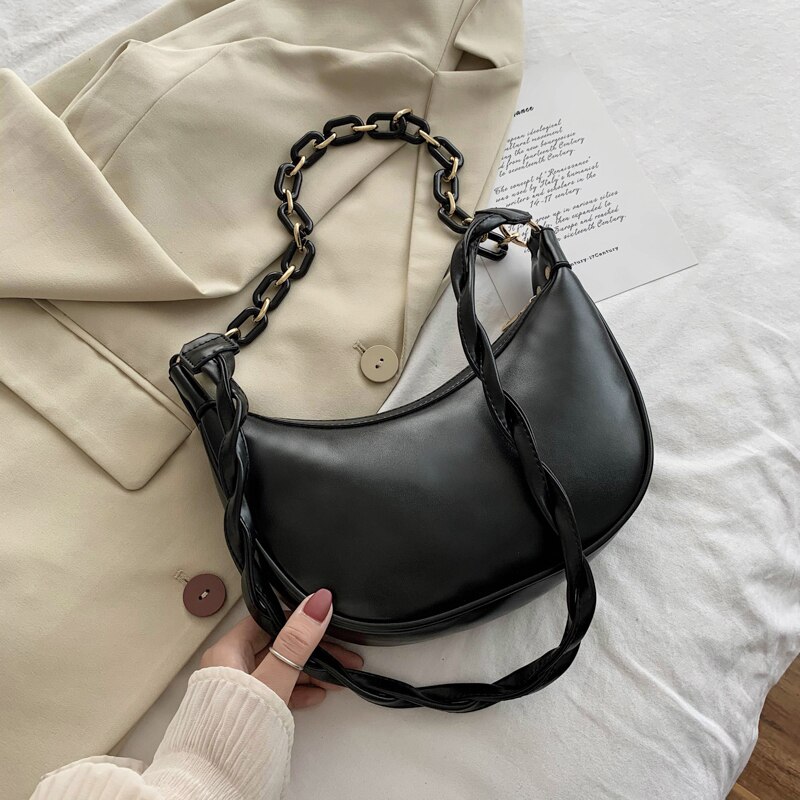Mode Steen Patroon Pu Lederen Crossbody Tassen Voor Womenshoulder Messenger Bag Lady Effen Kleur Keten Handtassen En Portemonnees: Black