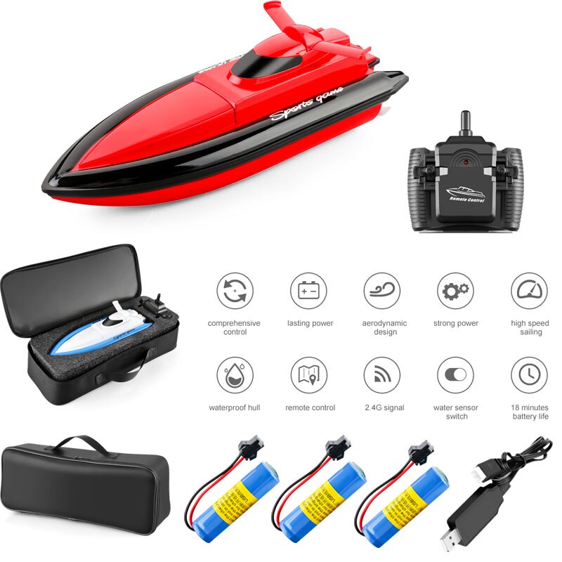upgrade 2.4GHZ RC Boat 4CH 20Km/h Remote Control Boat High Speed Yacht 80-100M Remote Control Distance for children: Red 3 Battery
