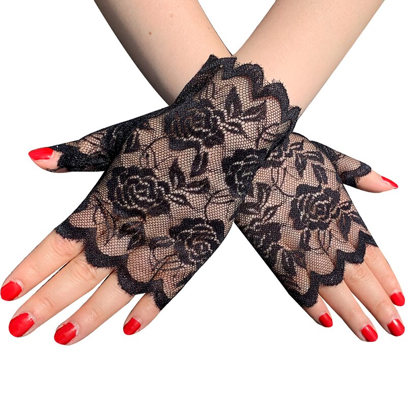 Best Sailor Dance Long Fingerless Womens Sexy Lace Gloves Ladies Half Finger Fishnet Gloves Heated Mesh Mitten Handschoenen: black