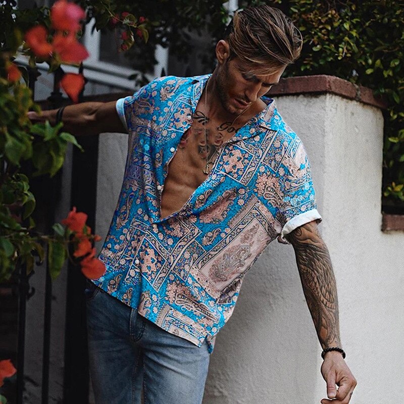 Męnarty modny nadruk koszule zwykły w całości zapinana na guziki koszula hawajska z krótkim rękawem wakacje na plaży szczupły dopasowanie koszule imprezowe topy