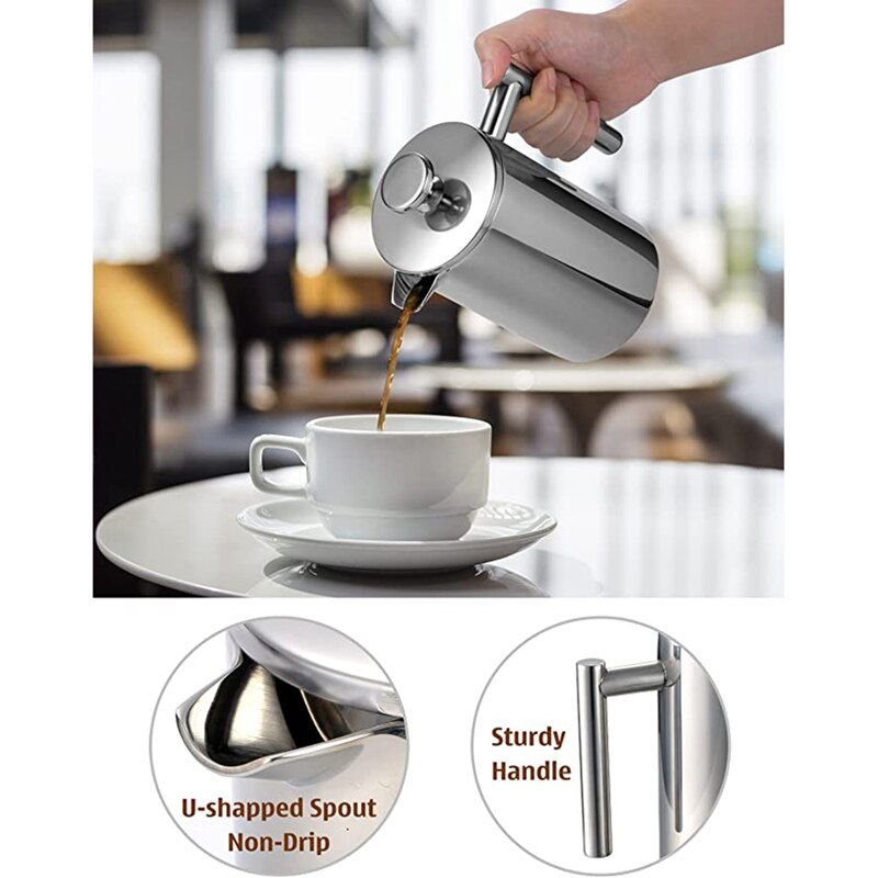 Cafetera francesa de acero inoxidable con 8 tazas, máquina de café expreso de doble pared, con aislamiento, para té o cafetera, 1000ML