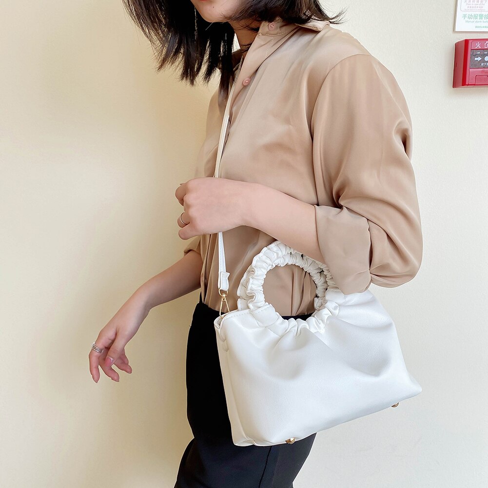 Mulheres Cor Pure bolsa de Ombro Mensageiro Sacos de Couro PU Alça Redonda Plissada Casual Crossbody Bolsas Bolsas Feminina Shopping Bag