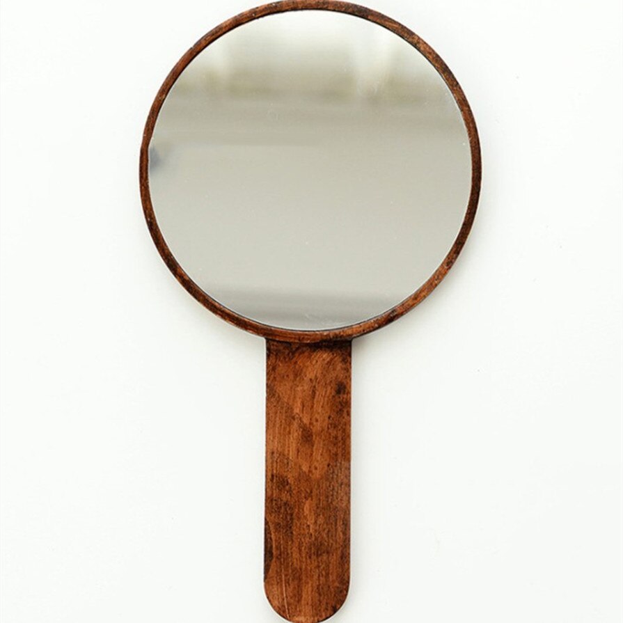 HD handle vanity mirror solid wood portable vanity mirror handheld hand mirror beauty salon retro wooden portable mirror: Default Title