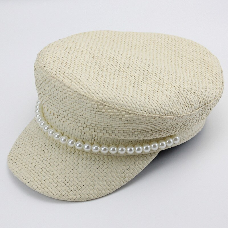 Kvinders britisk stil bomuldslinned vævet strik beret cap flad cap efterligning perle marineblå hat