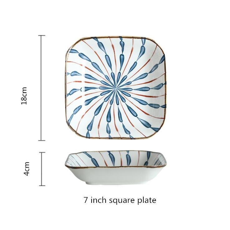 Japanese blue water drops Dinner Plate Set Ceramic Kitchen Plate Tableware Set Food Dishes Rice Salad Noodles Bowl Soup: 7inch square plate