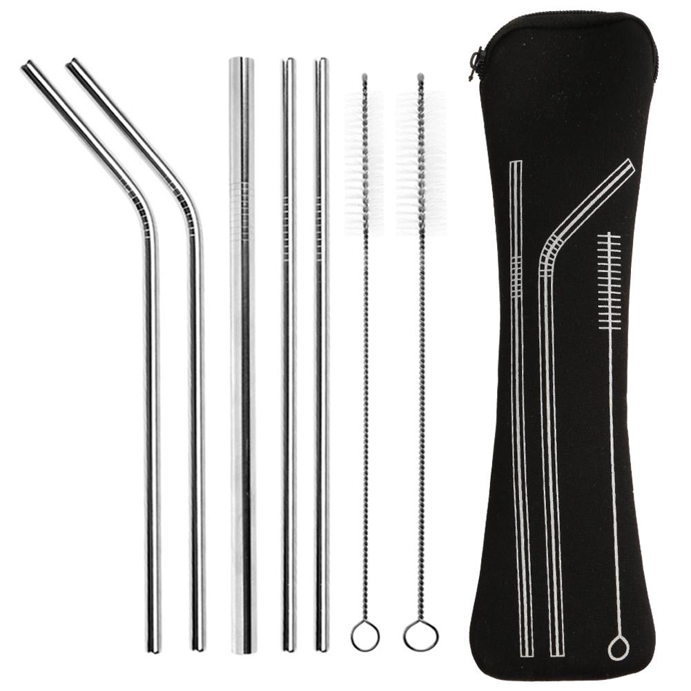 Reusable 304 Stainless Steel Sturdy Bent Straight Metal Drinking Straws with Cleaning Brush Portable Bar Party Accessory Healthy: Black