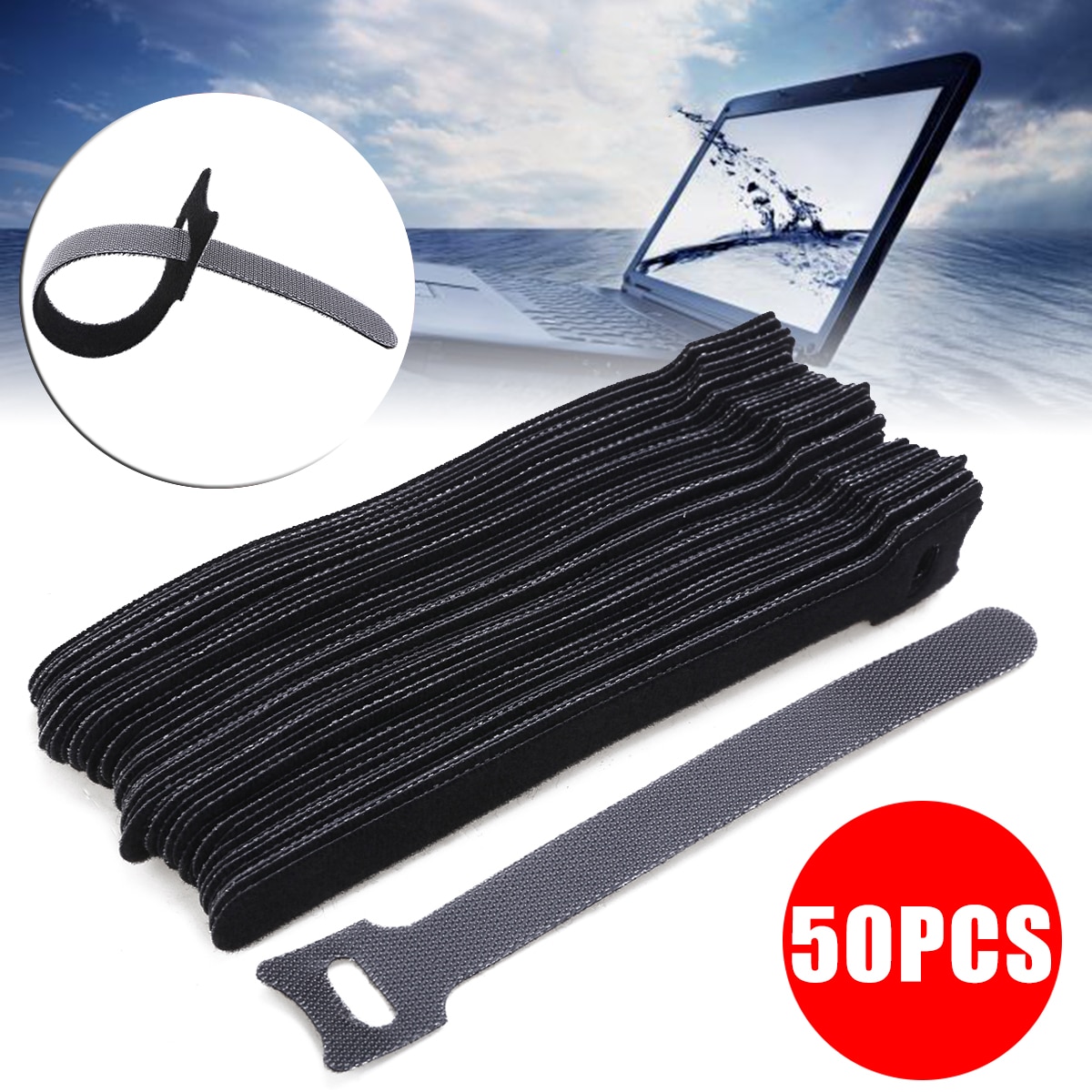 50 stks/partij Zwart Nylon Kabel Cord Tie Strap Haak en Lus Sticky Backed Tape Winder Wire Tidy Organizer Cord Protector