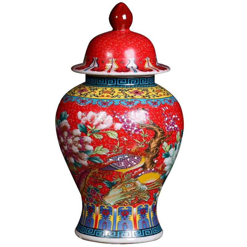 China Decorative Porcelain Ginger Jar Red Flower And Bird Retro Palace Style Vases Home Dec Table Centerpieces Wedding