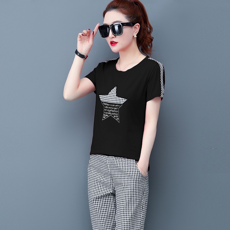 Summer Casual Tracksuit Pant Sets 2 Piece Set Women Short Sleeve T-shirt And Plaid Pants Suits