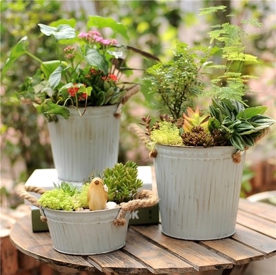 2 stk rustikk tinn blomsterpotte bryllup hage dekorasjon bøtte vintage metall kunstig blomsterplante saftig fatpotte rund oval