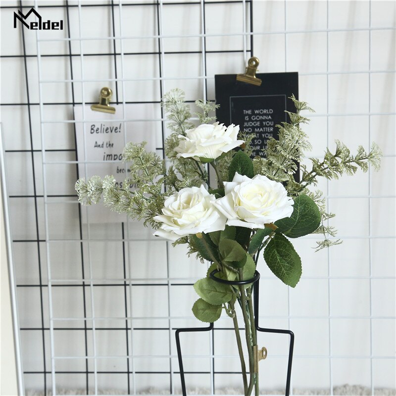Meldel 1 gren bryllup kunstige roser blomster silke flores hjemme ball fest bursdag dekorativ hvit imitasjon roser floral