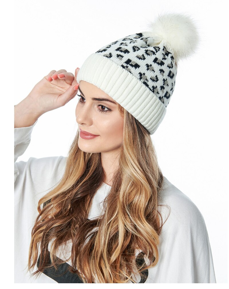 Herfst winter luipaard print wol gebreide muts warme oversized haarbal dikke warme muts pompon