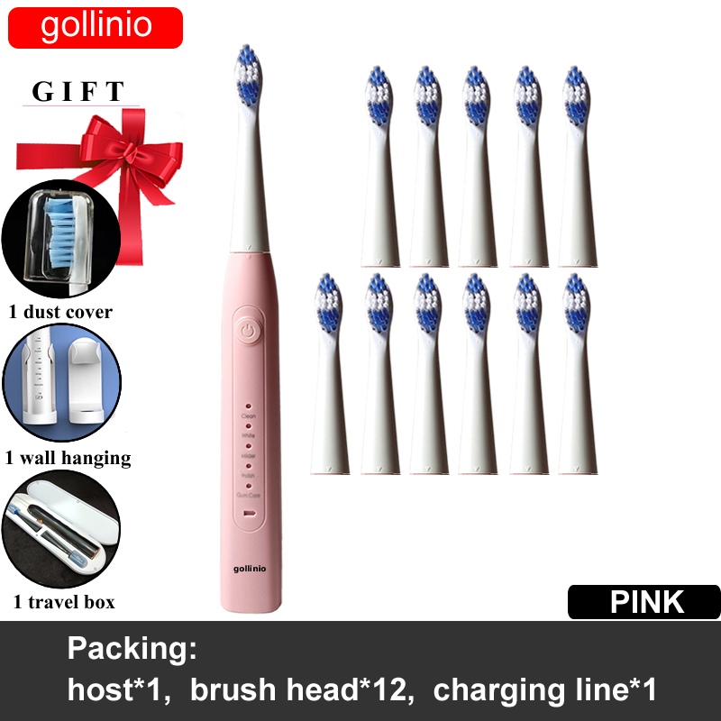 Gollinio Electric Toothbrush usb fast charging GL09F Adult teeth brush Rechargeable smart Replacement Head: GL09PINK12H-HB