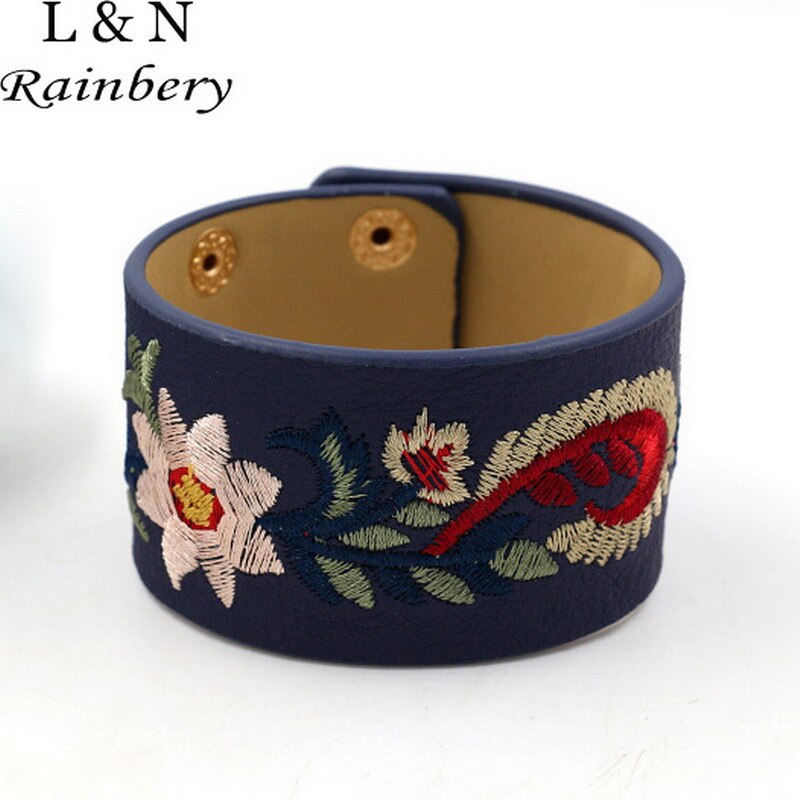 Rainbery Bohème Broderie Fleur Bracelet Manchette Féminine Large PU Cuir Bracelets & Bracelets Femmes Bijoux JB0470: blue