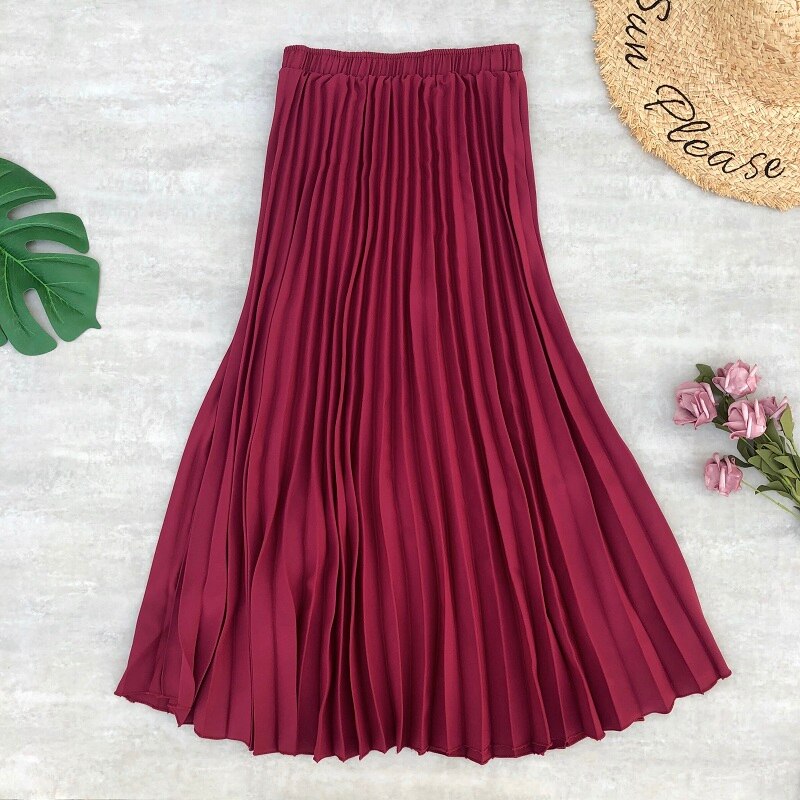 Faldas Midi plisada de gasa para mujer, faldas largas de cintura alta, Color liso, estilo informal, para primavera y verano: red