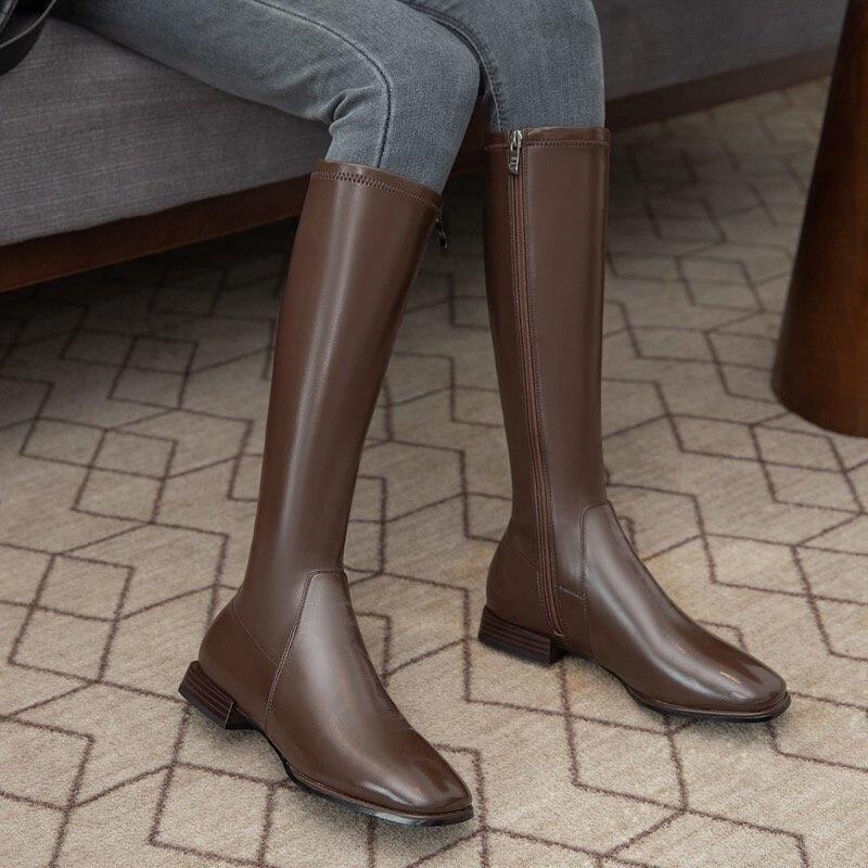 Ridstövlar knähöga stövlar damskor fyrkantig tå dragkedja långa stövlar dam höst vinter brun botas mujer