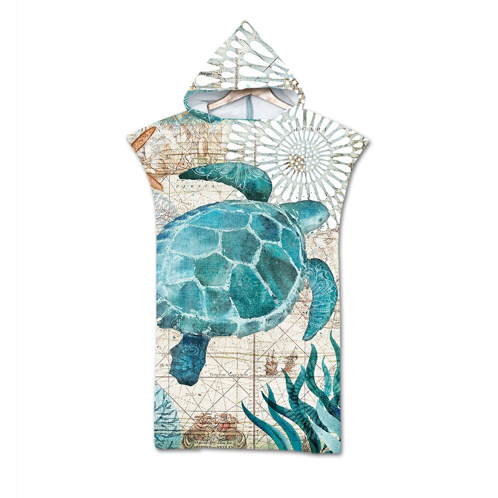 Printed Retro Sea World Hooded Microfiber Fabric Bath Towels Beach Towel Changing Bathrobe Gym Fitness Bath Towels