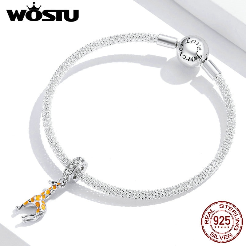 WOSTU Real 925 Sterling Silver Giraffe Dazzling Clip Charms Round Crystal Crown Heart Beads Fit Original Women Bracelet