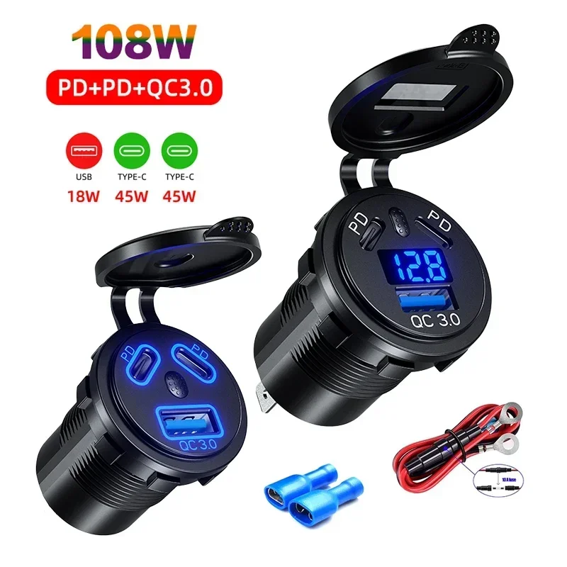 12V/24V USB-Steckdose 108W 3 Häfen Autoladegerät Dual 45W PD Typ C & 18W QC 3.0 USB-Ladegerät für Motorrad-Steckdose Ladeadapter
