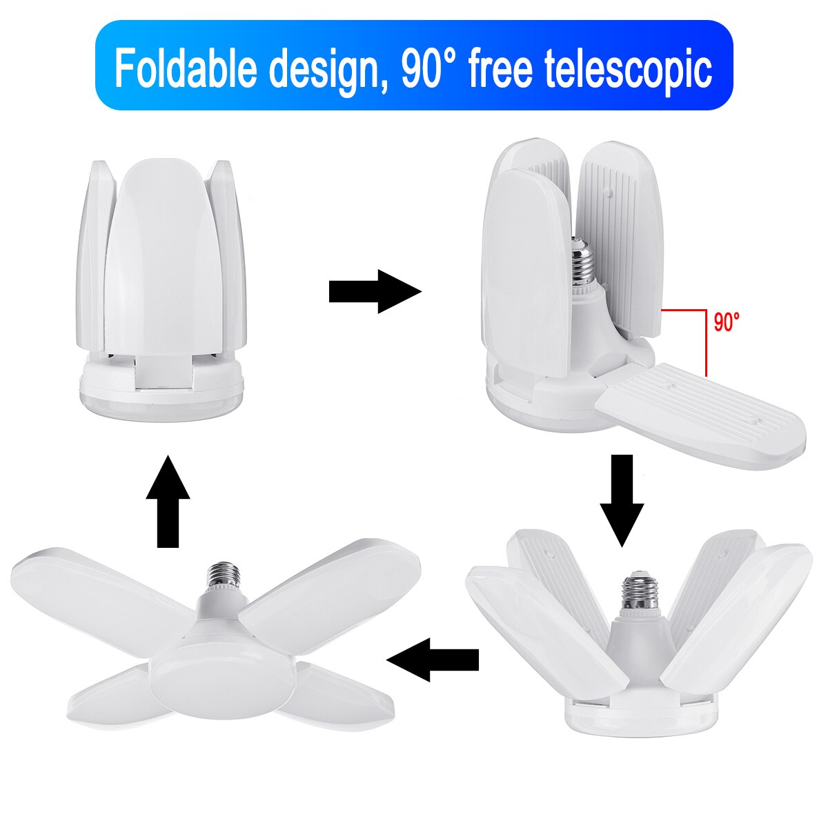 3Pcs 100W White Foldable 4 Blade Fan LED Lamp E27/E26 95-265V 90 Degrees Adjustable Ceiling Garage Industrial Workshop Light