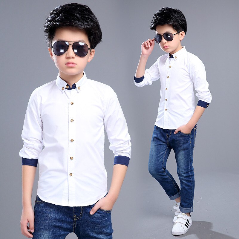Teenage boys shirts langærmet solid skjorte drenge skruer ned krave skjorte til drenge hvidt børn teenage tøj 6 8 10 12 14 år gammel