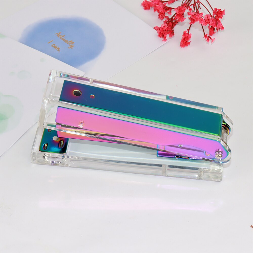 Heavy Duty Transparent Office Stapler Acrylic Rose Gold/Gold/Black/Silver/Rainbow Paper Binding Staplers With Staples: Rainbow